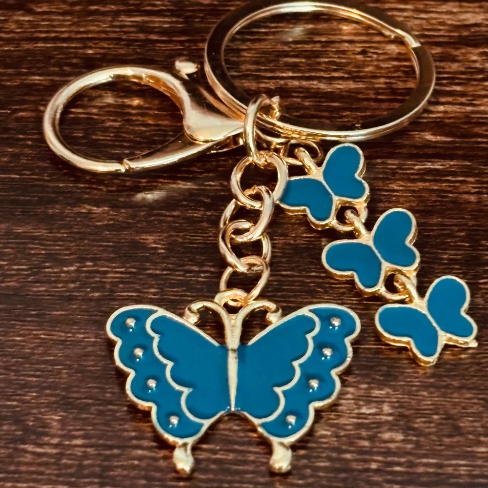 Blue Enamel Butterfly Keychain Gold Tone Lobster Clasp Bag Charm Accessory